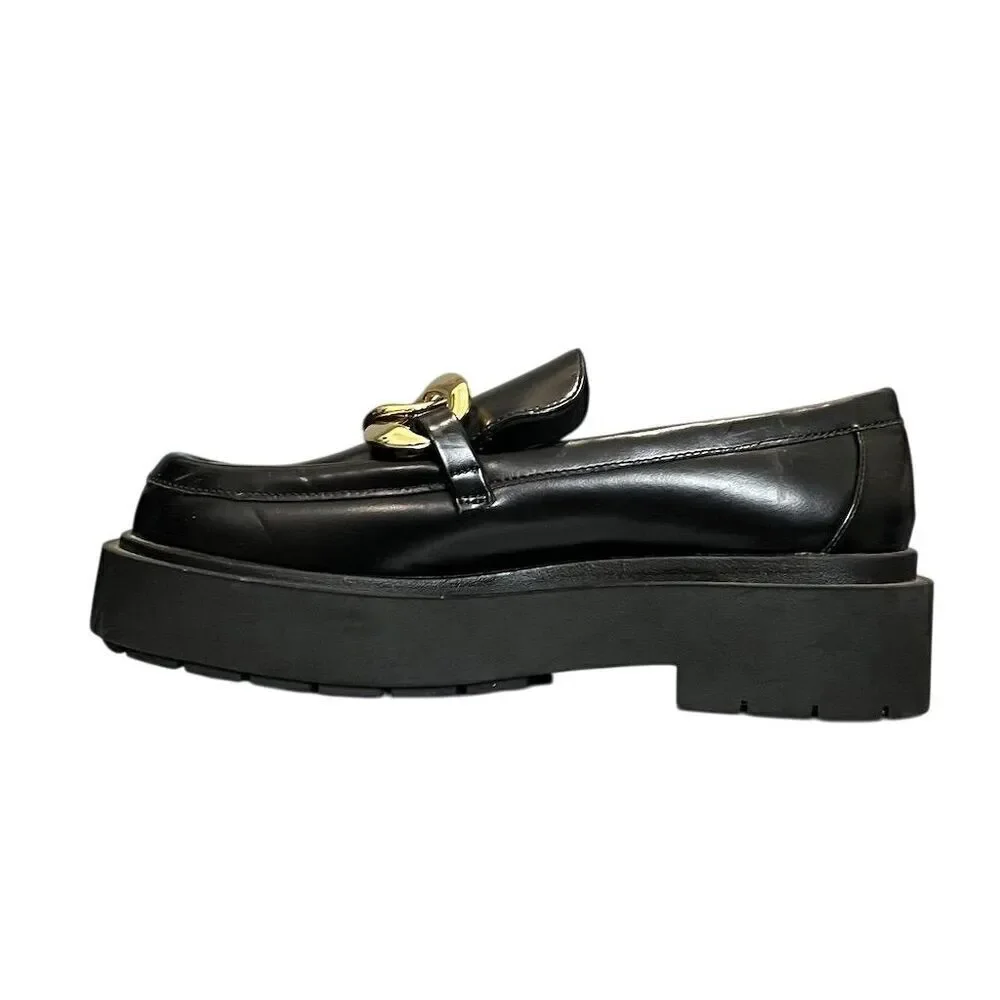 H&M Women's Black Faux Leather Platform Loafers 9 Chunky Gold Chain Gothic Party